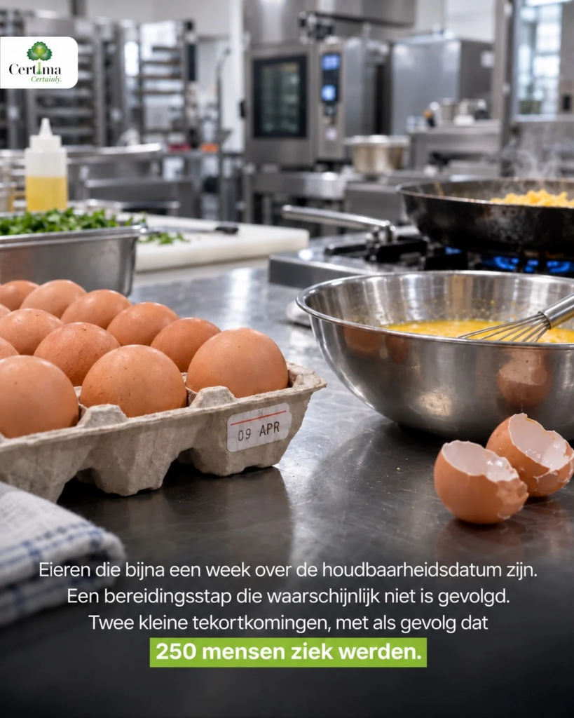 Eieren die bijna een week over de houdbaarheidsdatum zijn. Een bereidingsstap die waarschijnlijk niet is gevolgd. Twee kleine tekortkomingen, met als gevolg dat 250 mensen ziek werden.